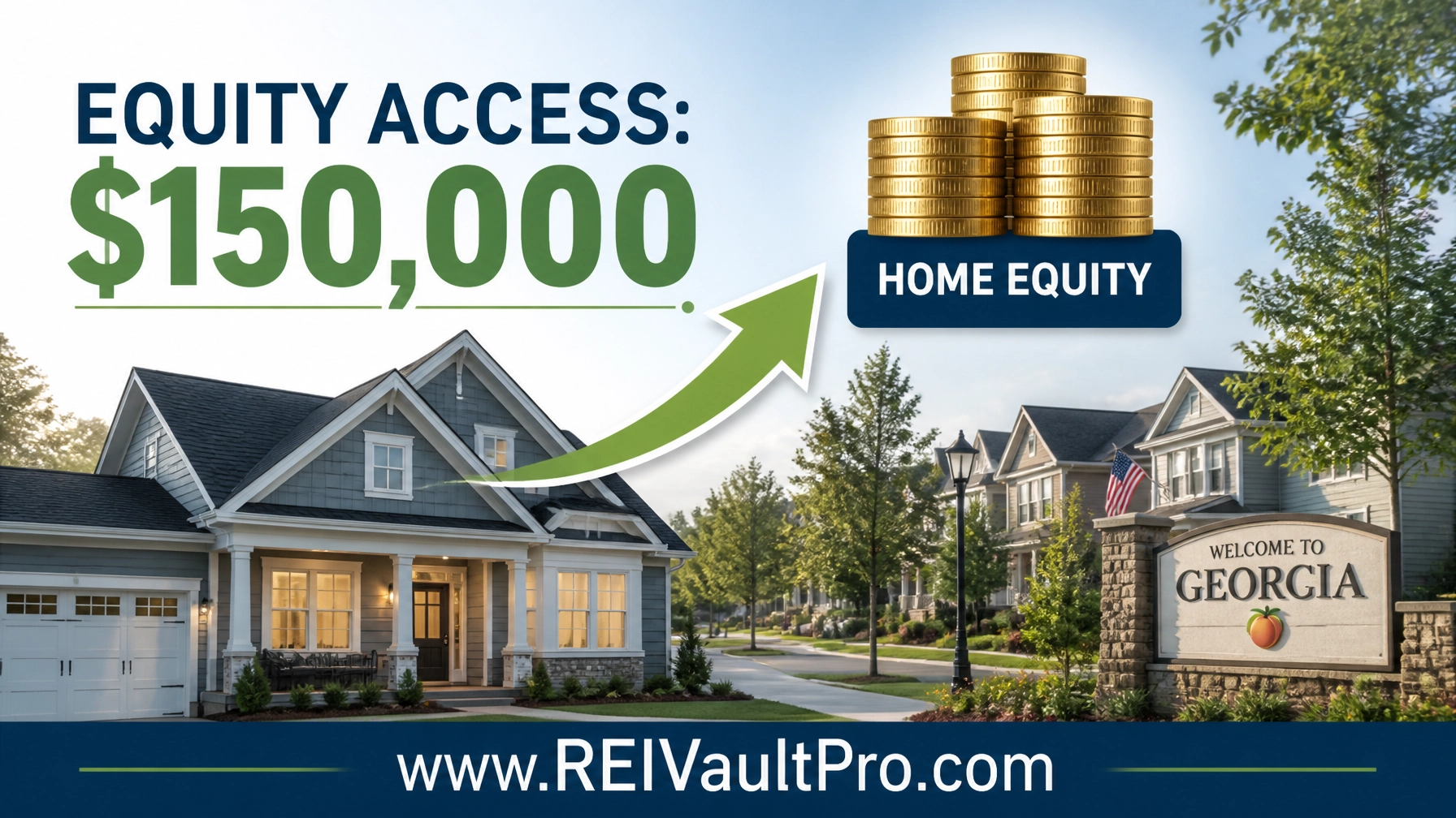 Equity access graphic showing home value and available cash with REI Vault Pro branding