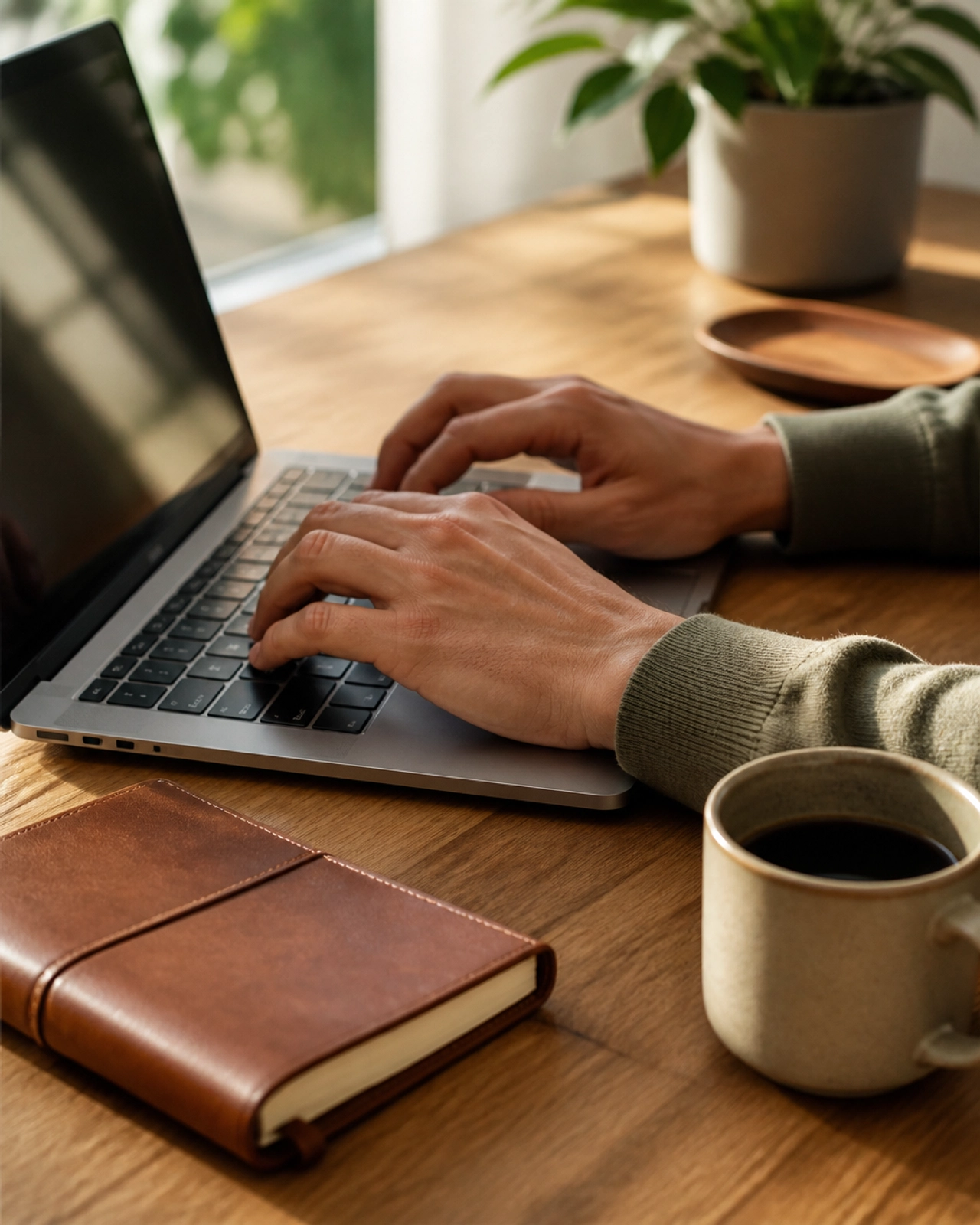 A close-up of a person's hands using a laptop on a clean wooden desk.