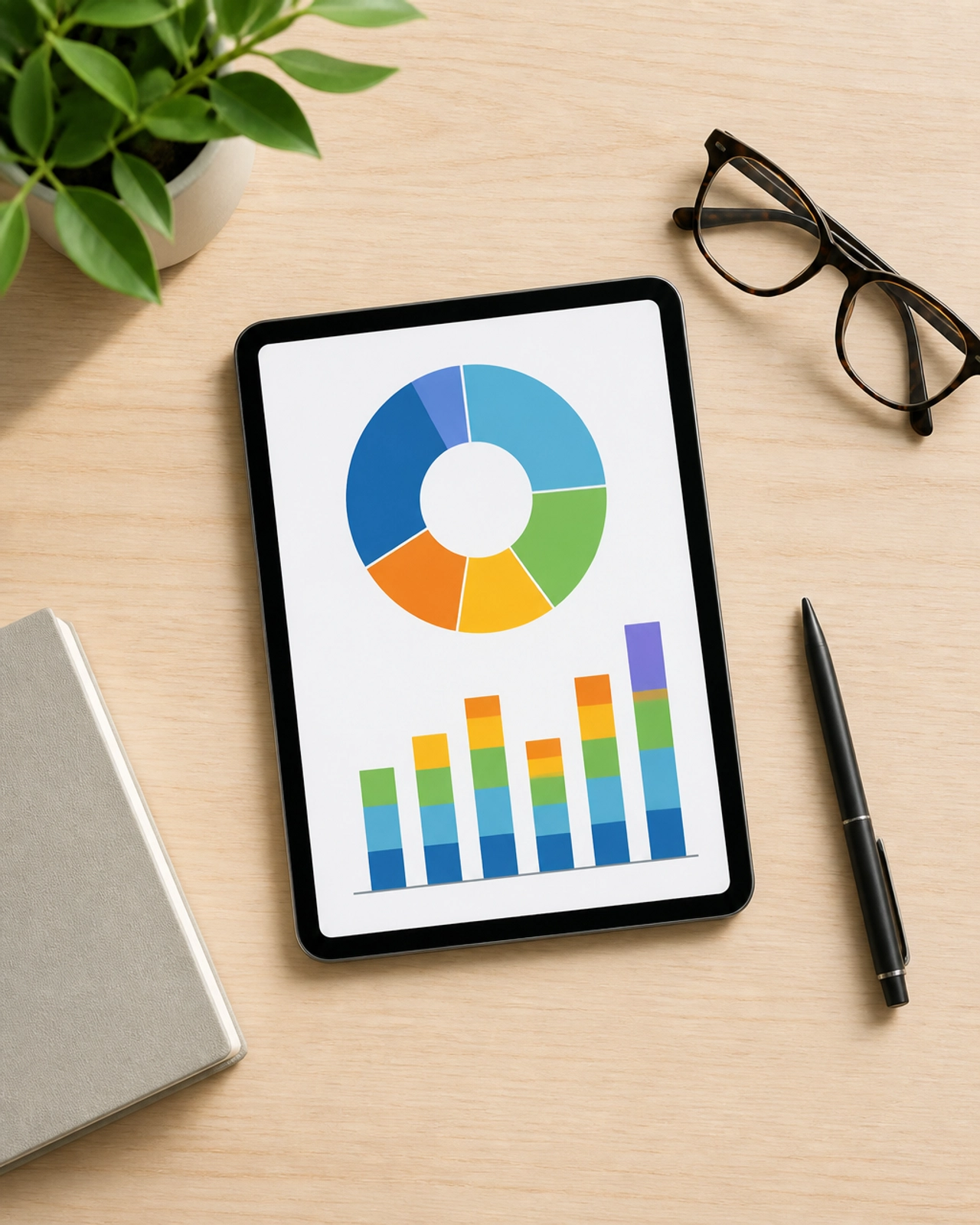 A top-down view of a clean office desk with a tablet displaying a colorful chart.