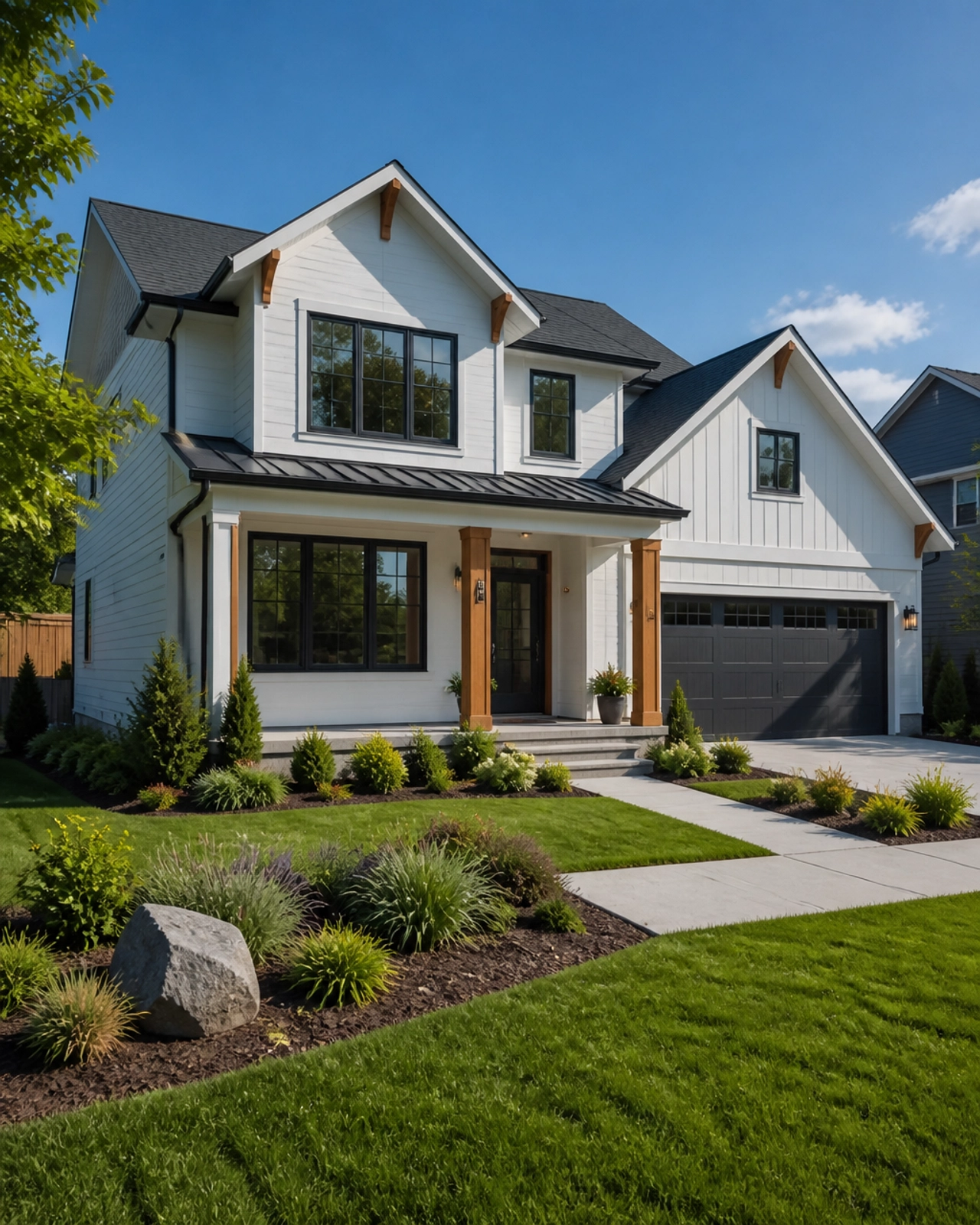 A high-quality exterior shot of a modern, two-story residential house.