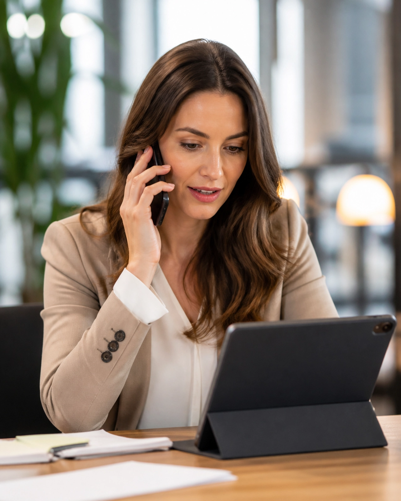 A real estate professional speaking on a headset while using a tablet, demonstrating professional lead management.