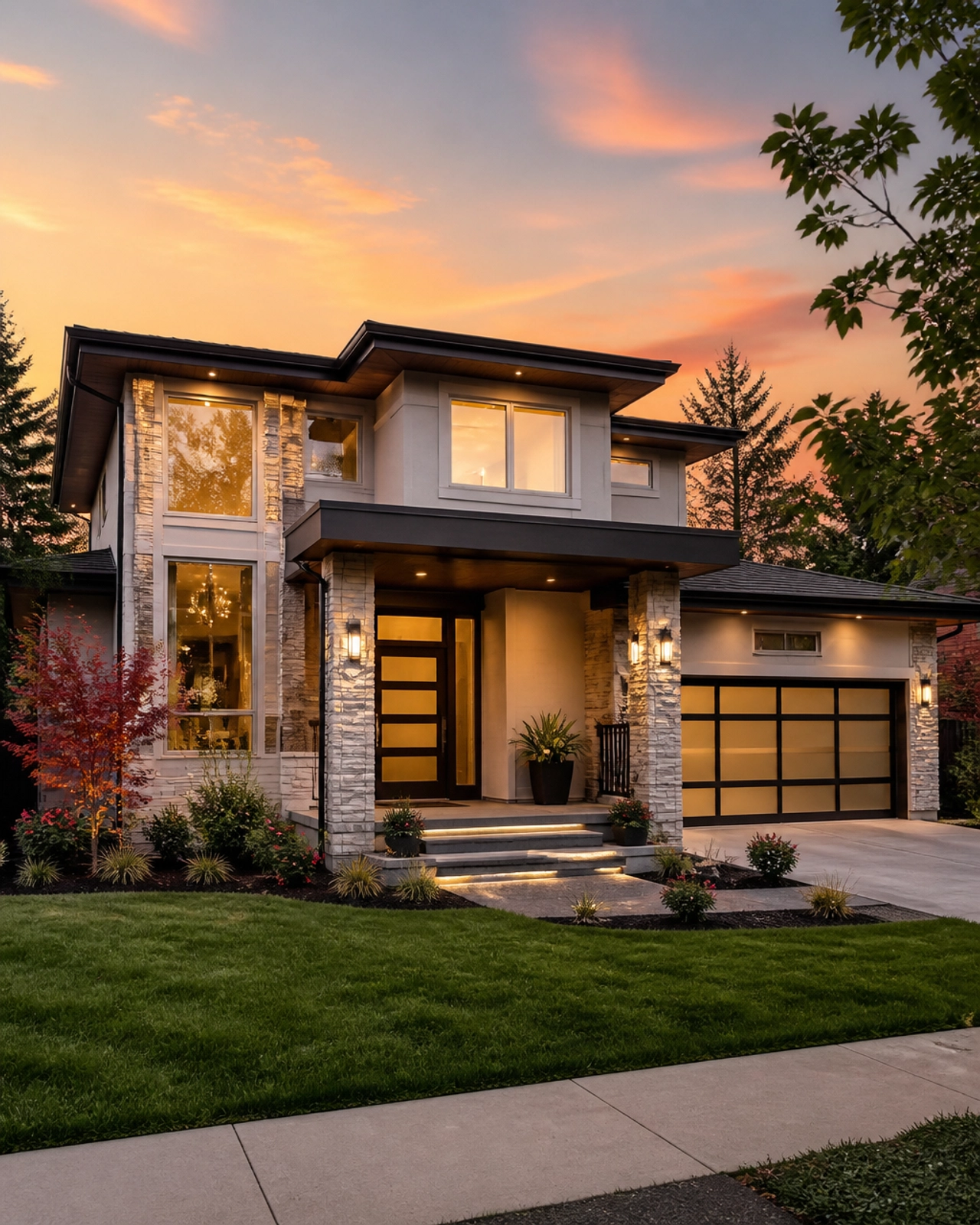 A modern suburban house at sunset, representing a successful real estate investment.