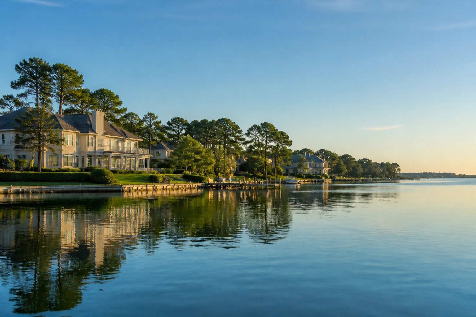 A serene view of the Lynnhaven River in Virginia Beach with luxury waterfront properties