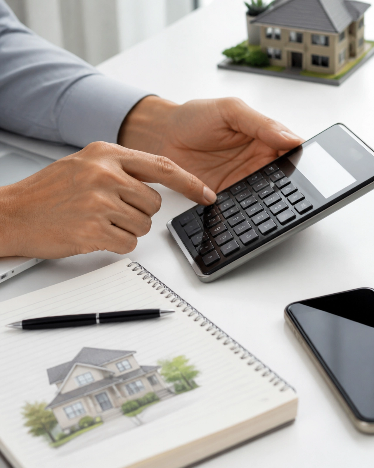 A close-up photograph of a pair of hands using a sleek, modern calculator next to a notepad with property details on a clean white desk.