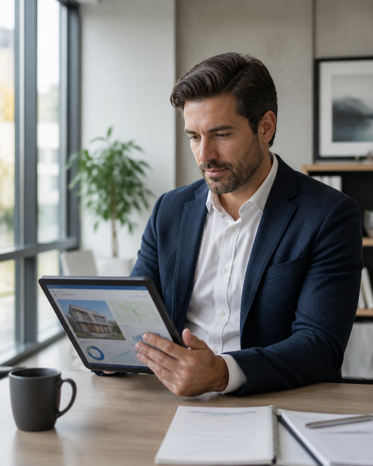 A professional business person in a modern office, looking thoughtfully at a tablet displaying real estate property data.