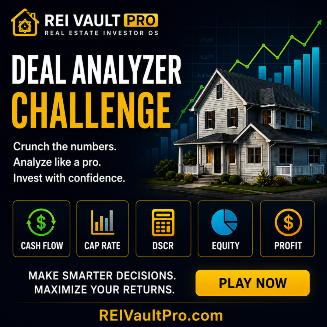 REI Vault Pro - Deal Analyzer Challenge graphic with house, graphs, and key metrics.