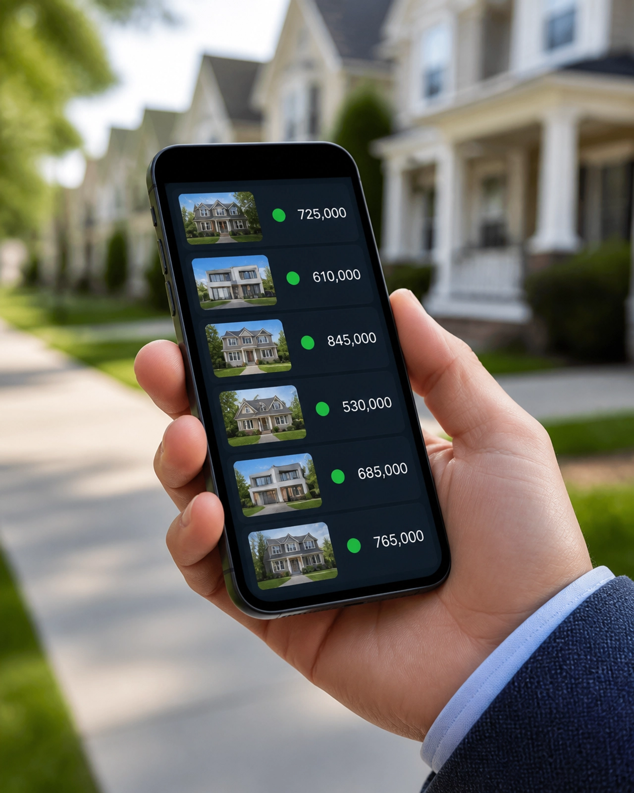 A close-up shot of a smartphone showing a list of residential properties with bright green status indicators and numerical values.