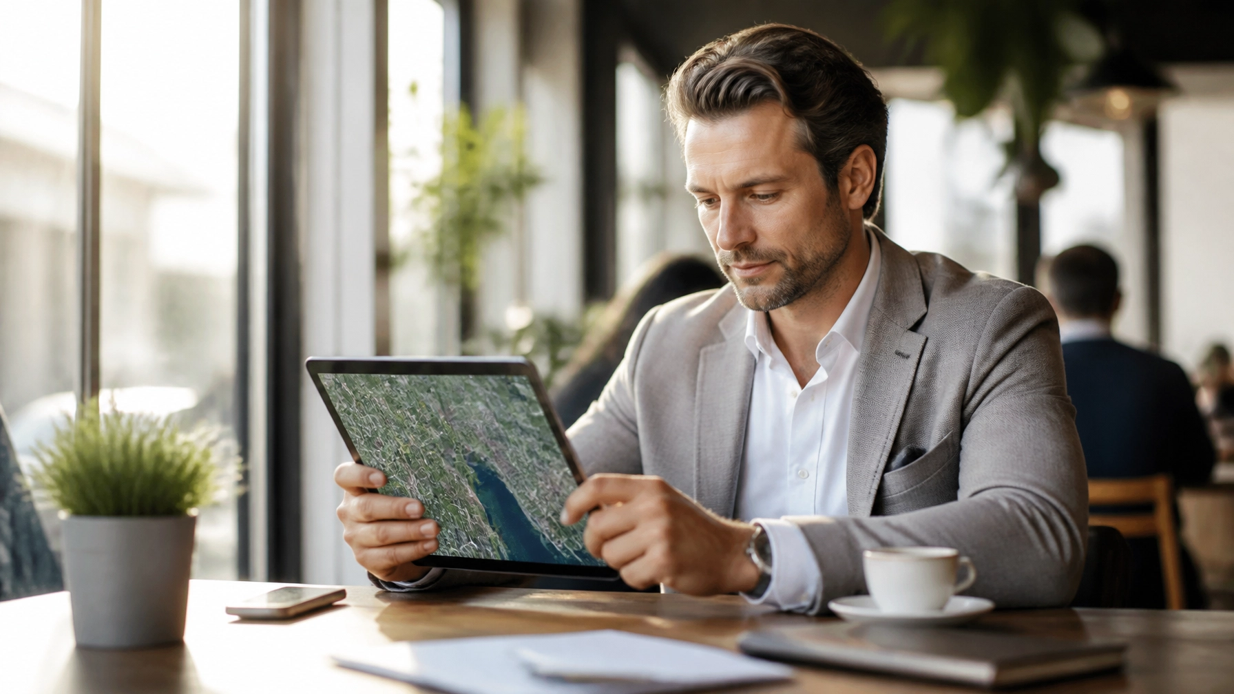A professional real estate investor sitting in a bright cafe, looking at a detailed real estate market map on a tablet.