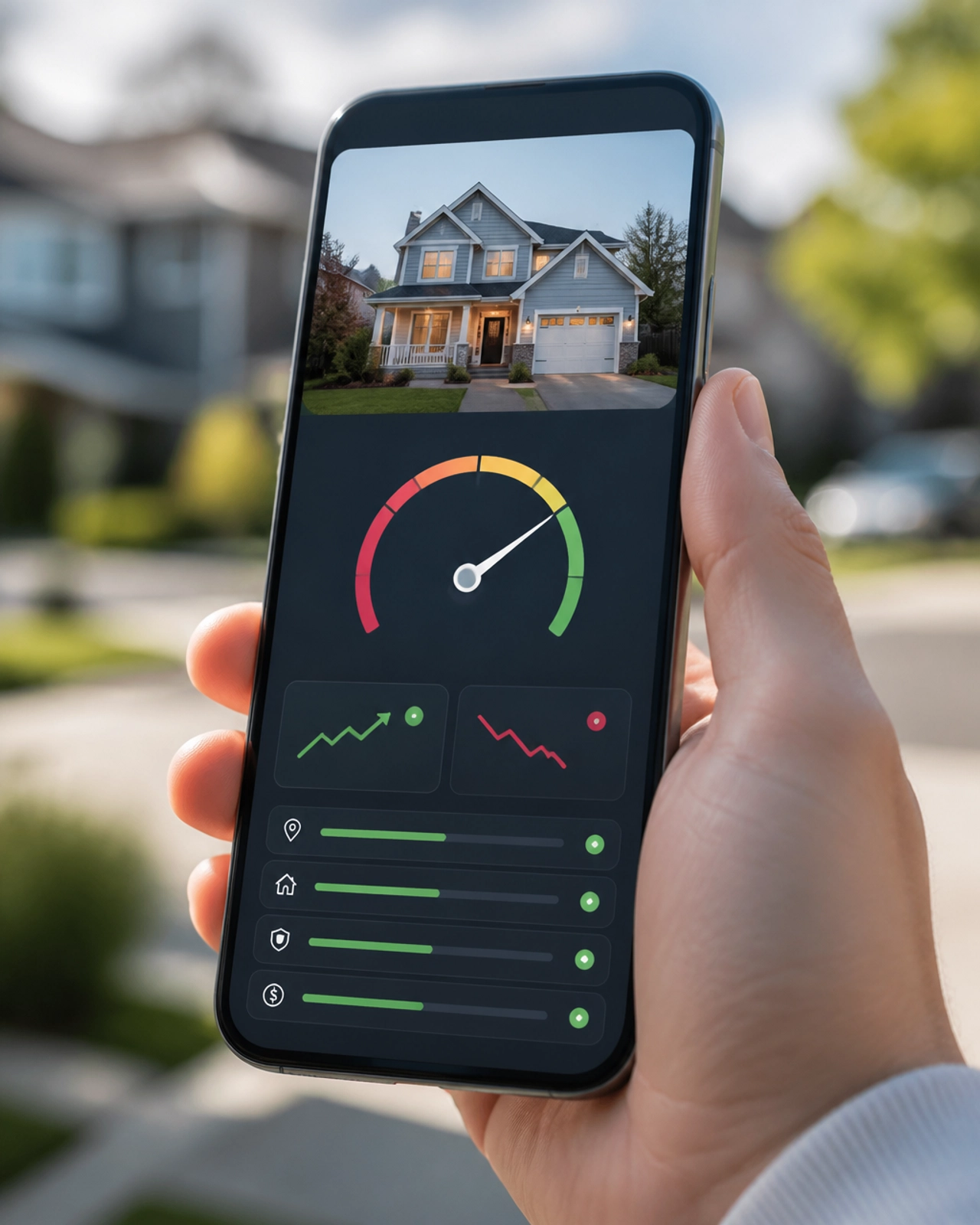 Hand holding a smartphone with property evaluation interface
