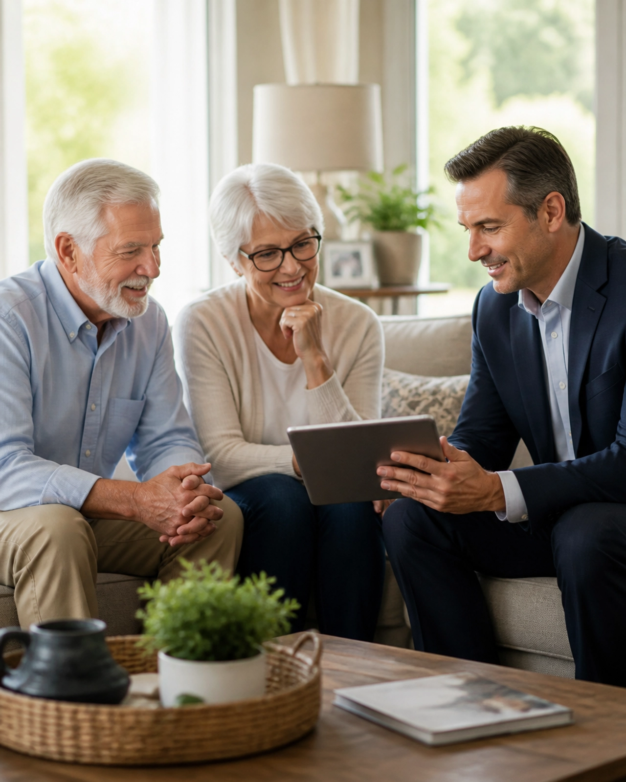 Senior couple consulting with a professional real estate advisor