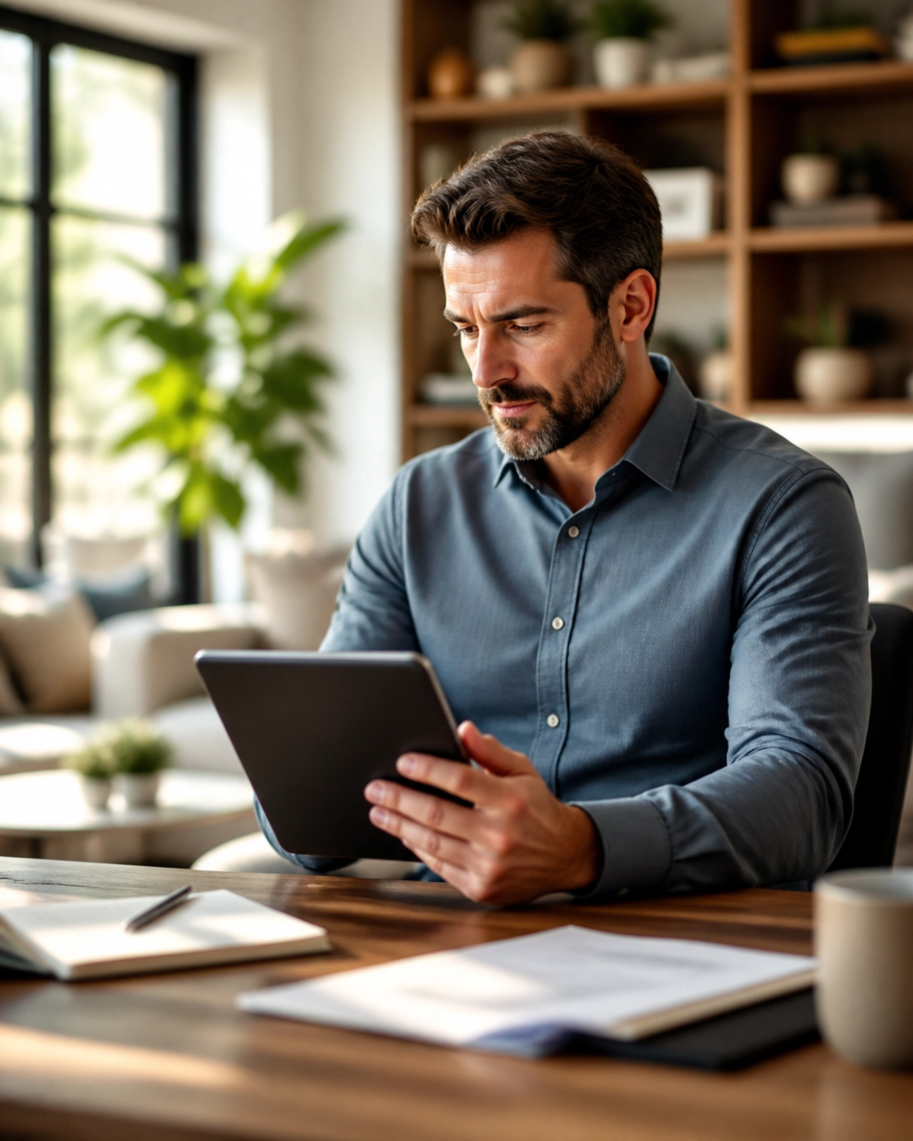 Professional real estate investor analyzing a deal on a tablet in a modern home