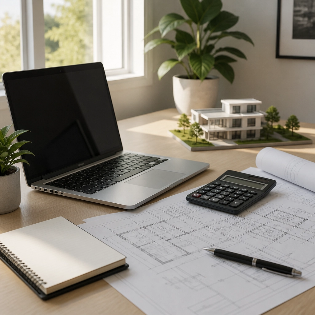 A professional workspace with blueprints and a laptop