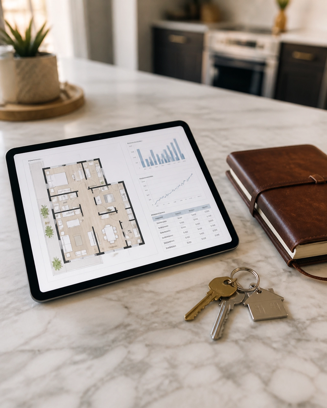 Tablet showing property plans and financial metrics