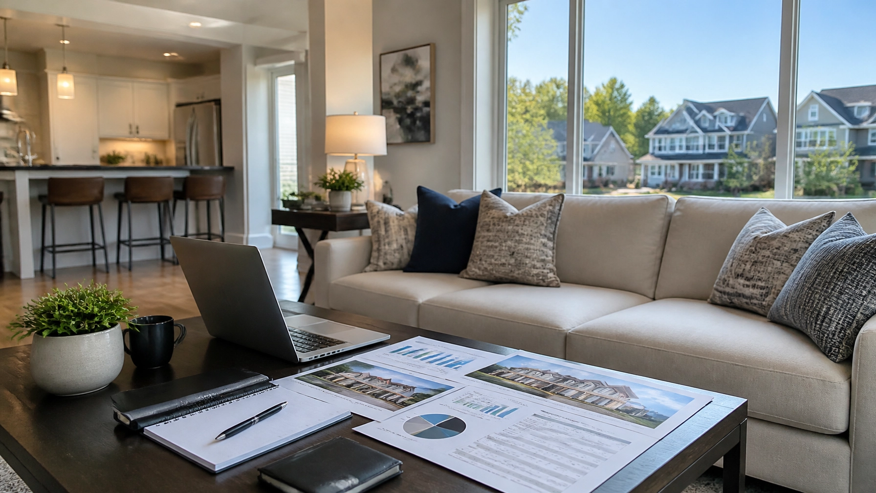 Modern living room with laptop and real estate reports
