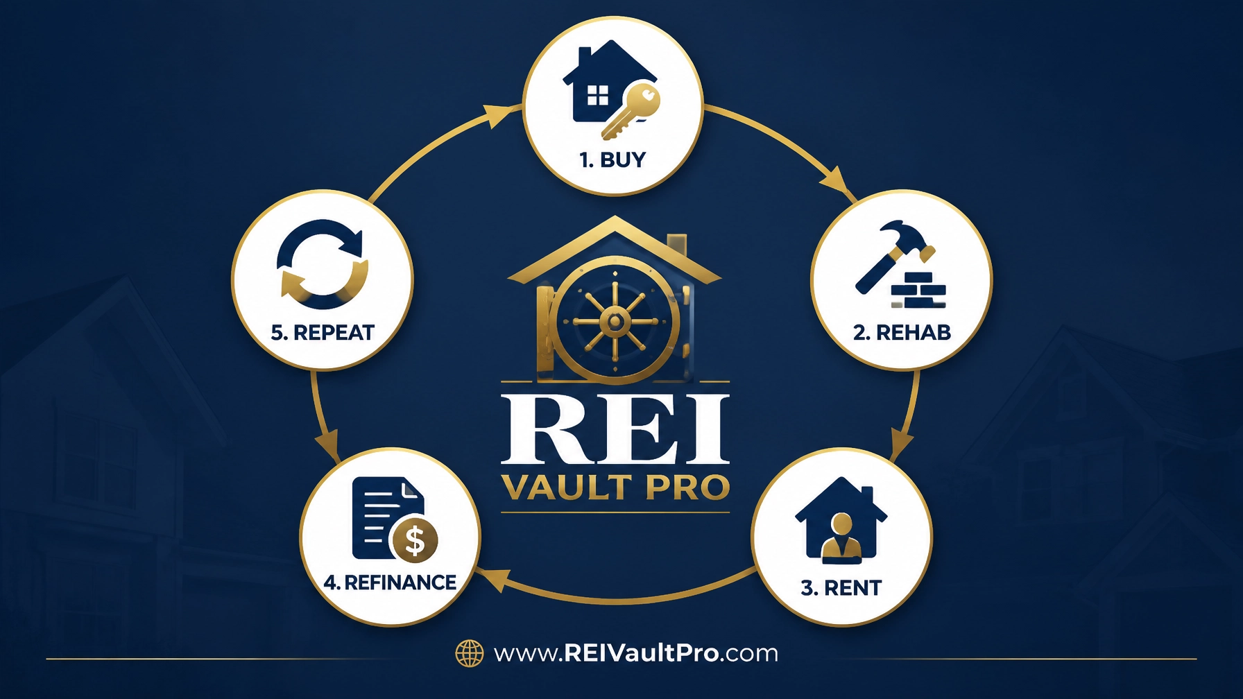 Five circular icons representing the Buy, Rehab, Rent, Refinance, Repeat framework