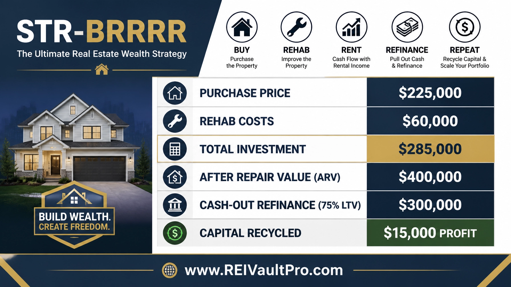 STR-BRRRR financial breakdown graphic showing purchase price, rehab, and cash-out refinance profit