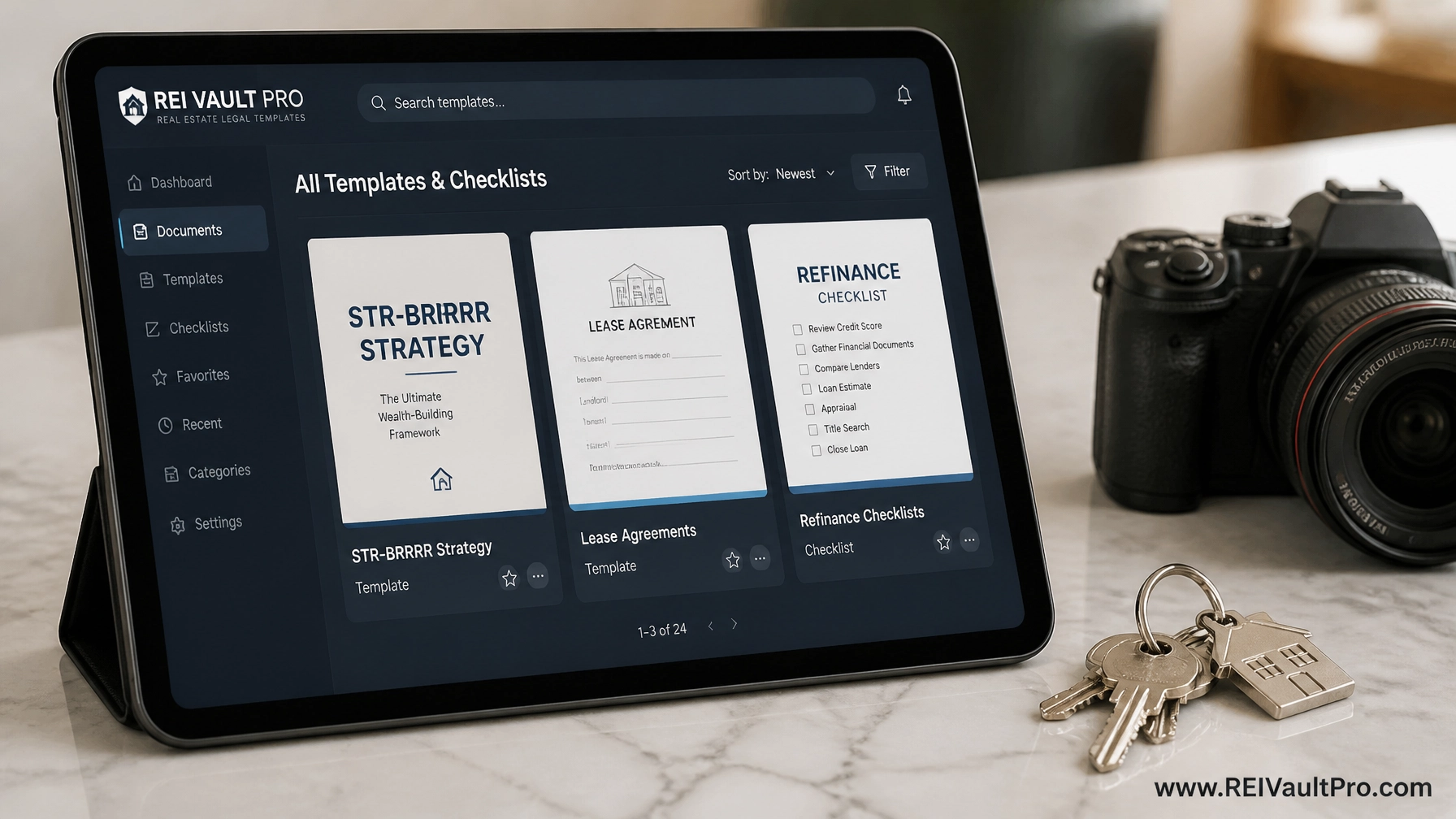 Tablet displaying a library of real estate legal templates and checklists