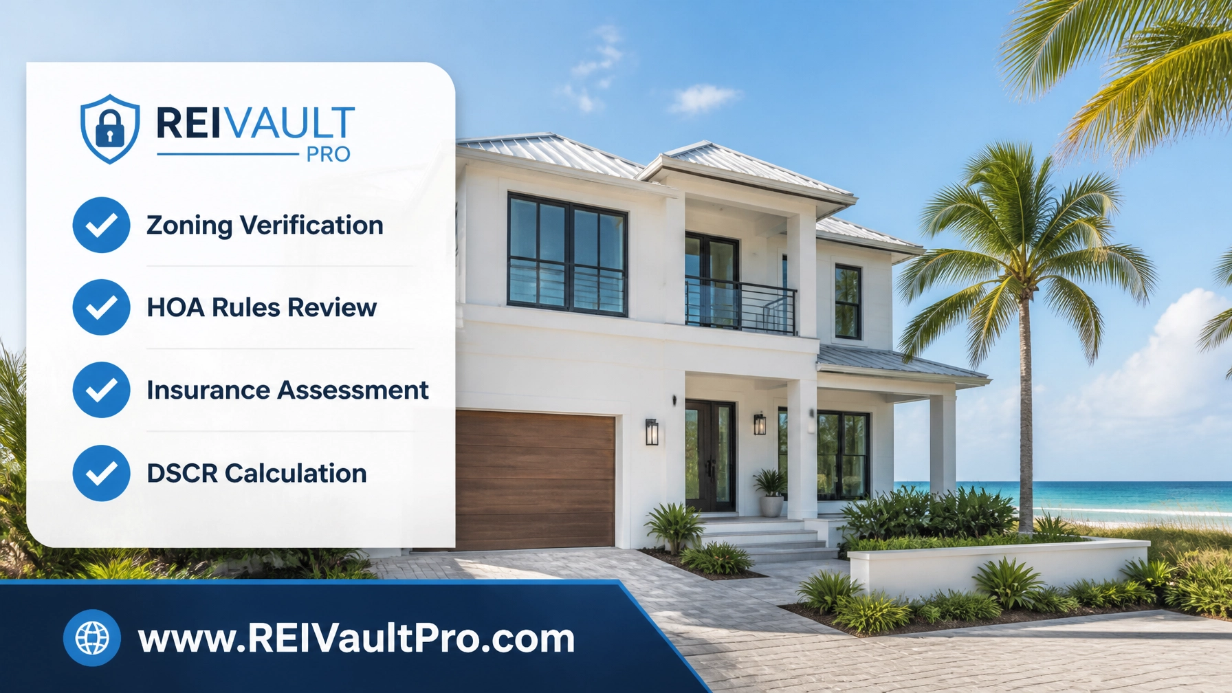 Professional image showing a modern Florida beach house with a overlay graphic of a checklist.