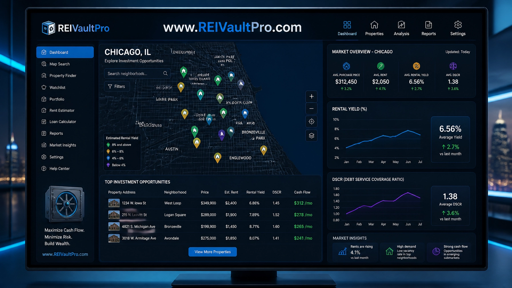 Real estate investment software dashboard displaying Chicago property analytics