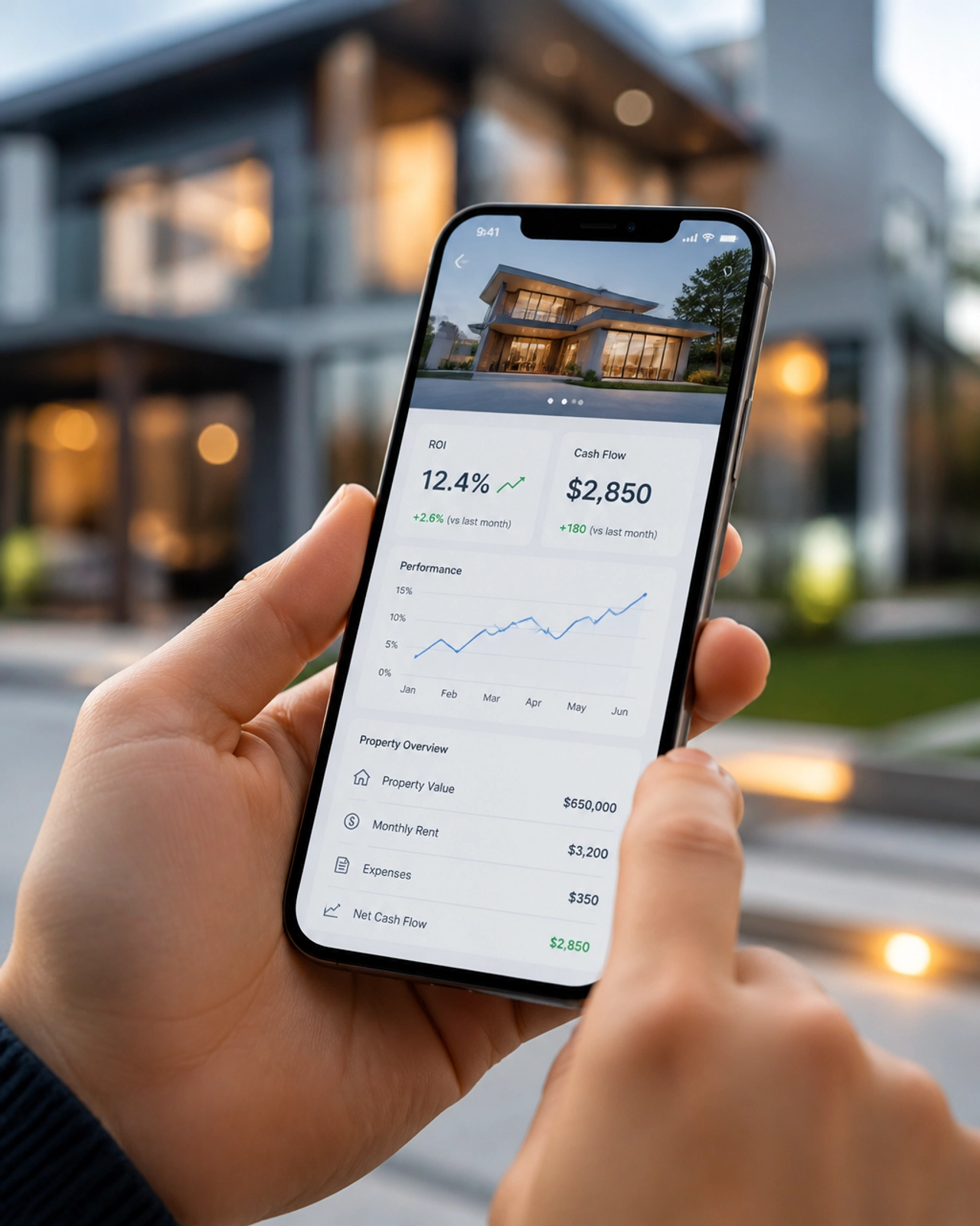 Person analyzing real estate ROI metrics on a smartphone