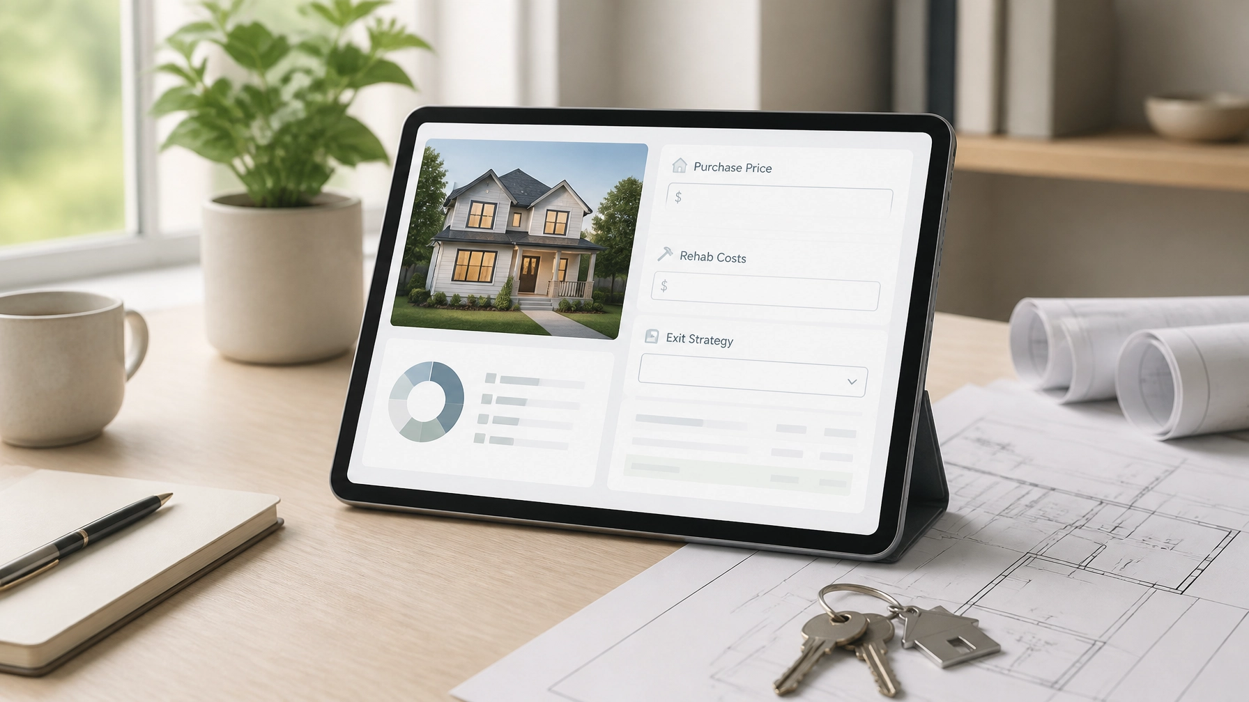 Minimalist workspace with a tablet showing a professional real estate calculator interface