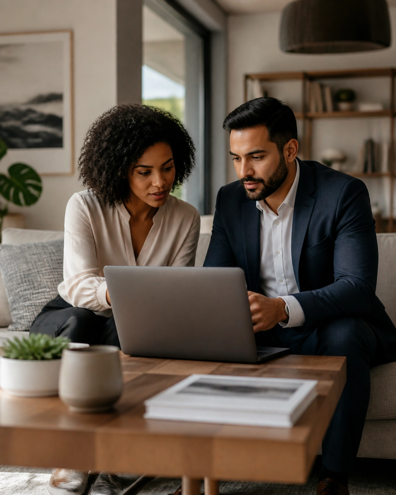 Professional couple discussing a real estate deal on a laptop