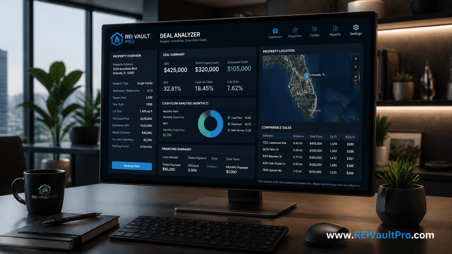 REI Vault Pro Deal Analyzer software on a professional office monitor