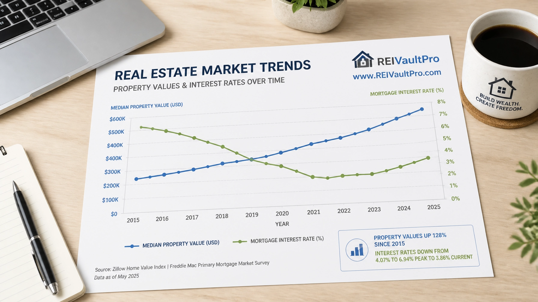 Market trends line graph on a professional desk with a laptop