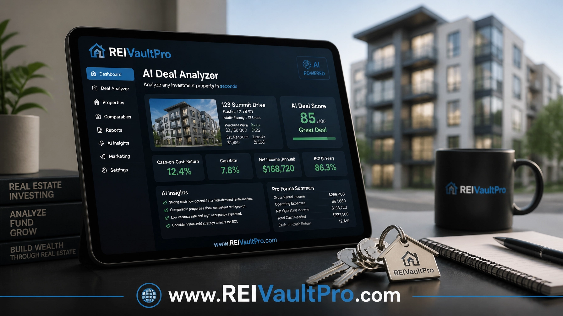 Real estate tools and AI Deal Analyzer on a professional desk