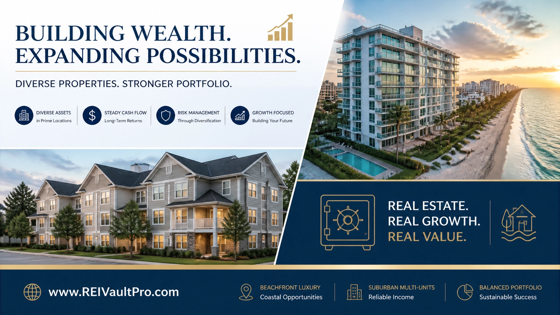 Professional real estate collage showing a beachfront condo and suburban property representing investment portfolio diversity.