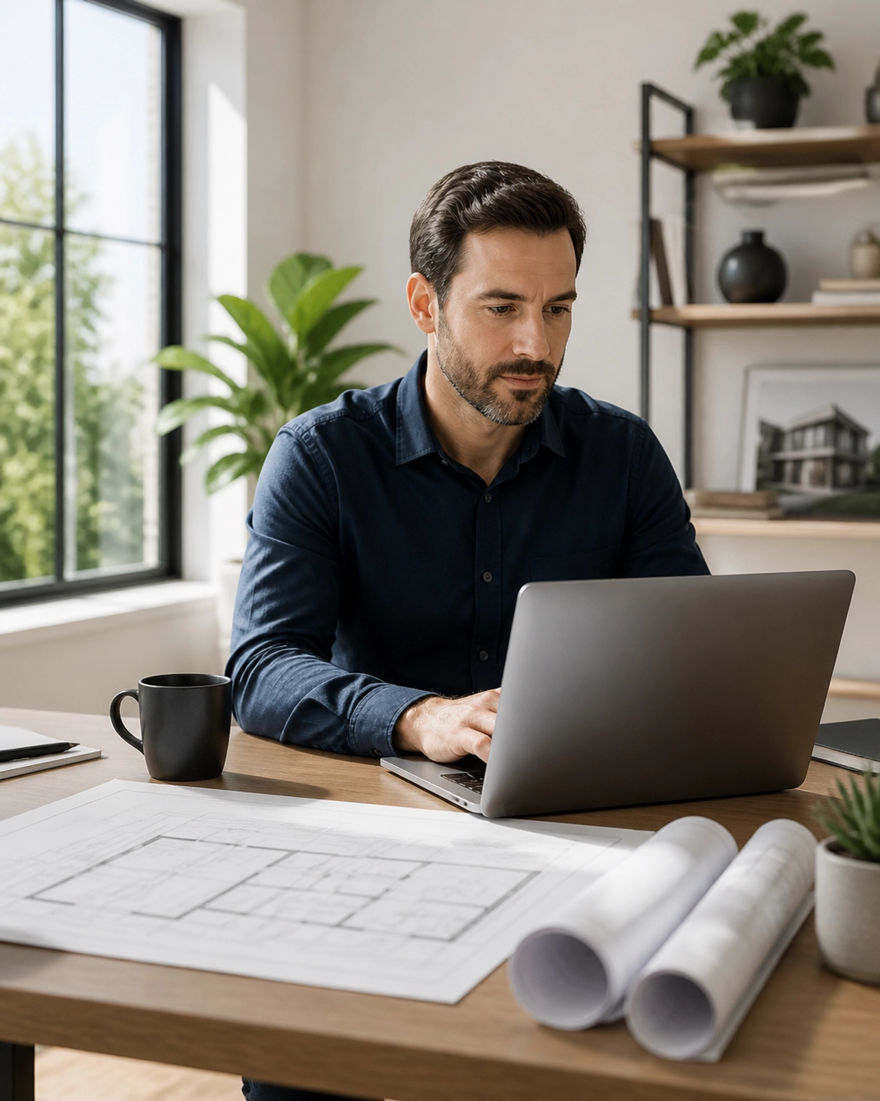 Professional investor working in a modern home office setting