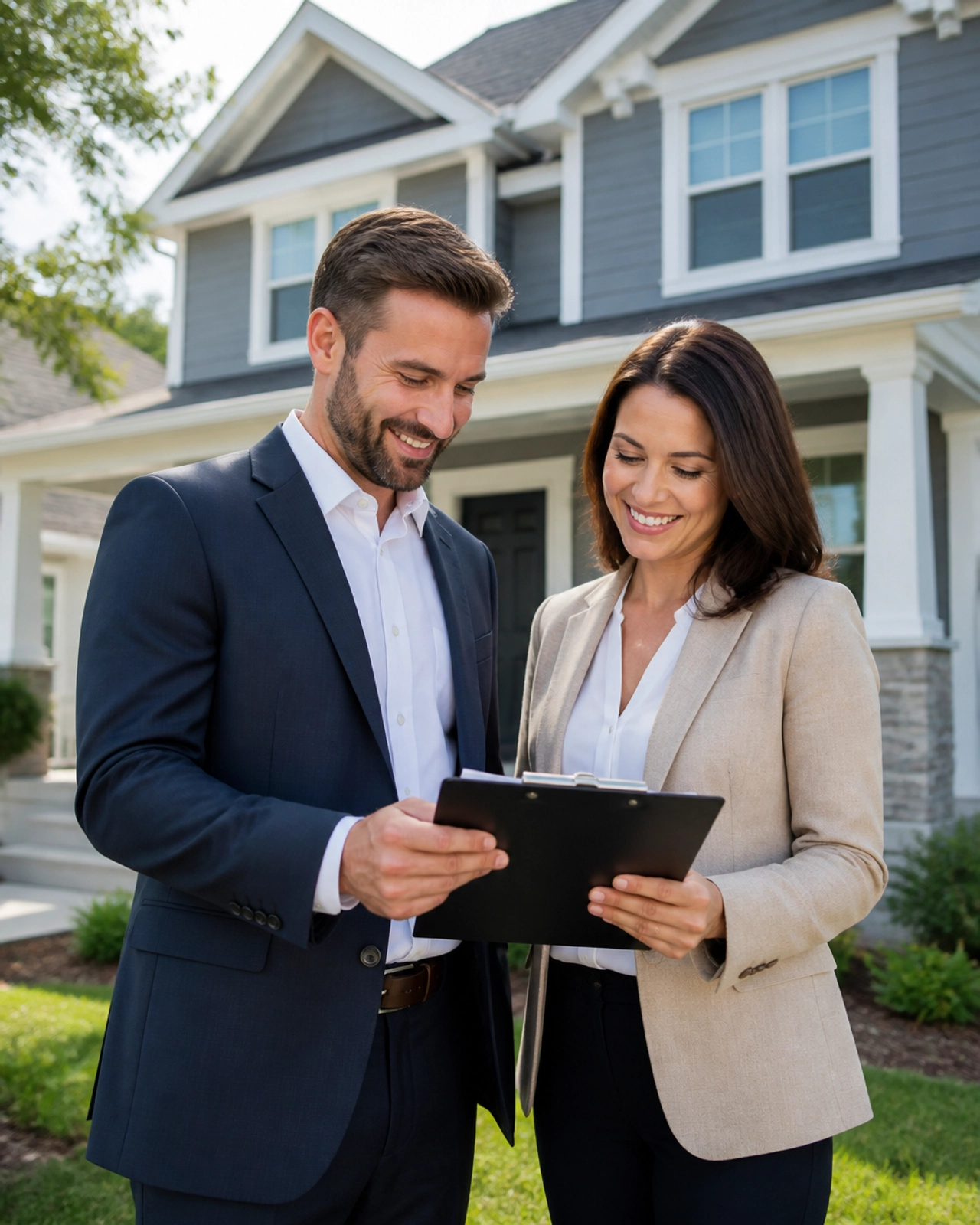 Two professional investors standing in front of a successful house project
