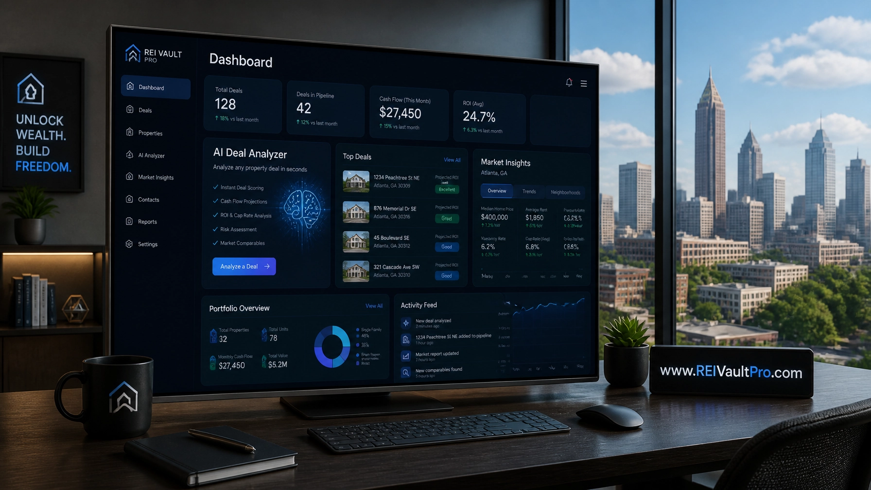 Software dashboard for real estate investors showing AI Deal Analyzer