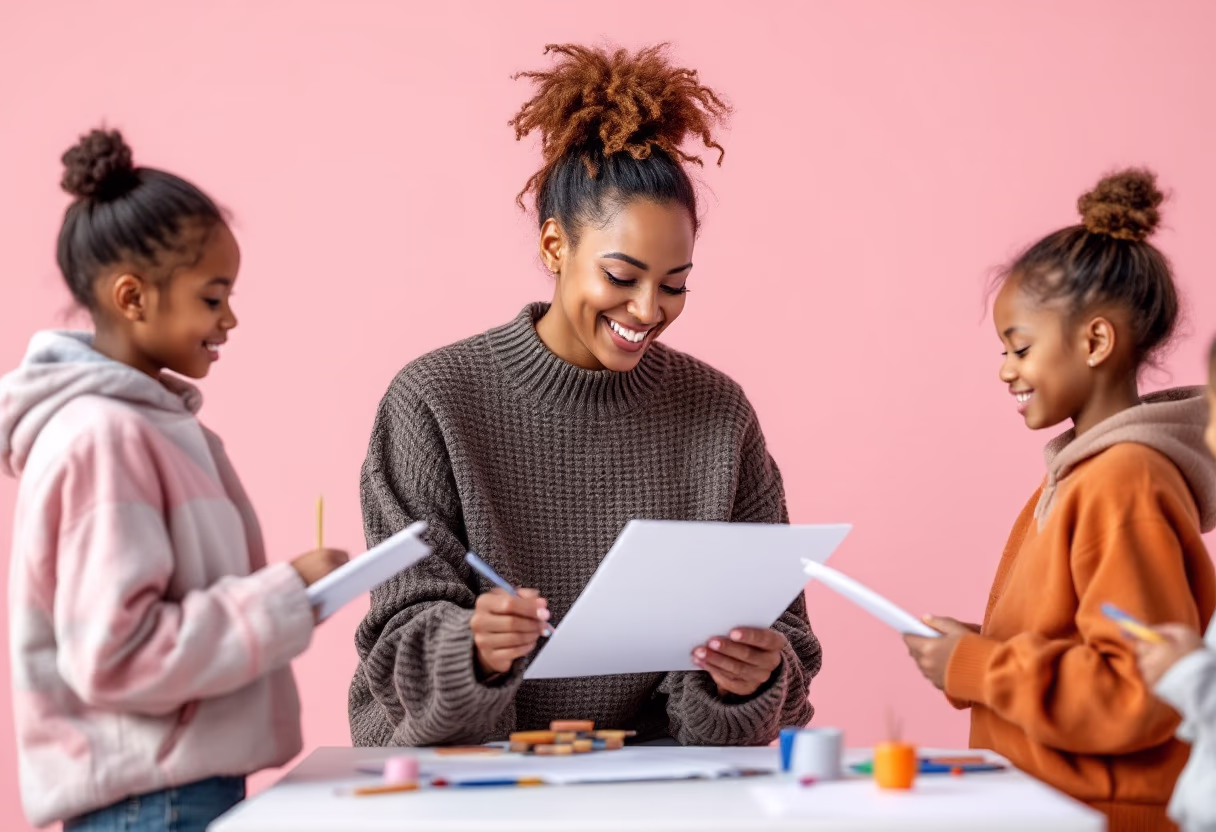 image of volunteer teaching children