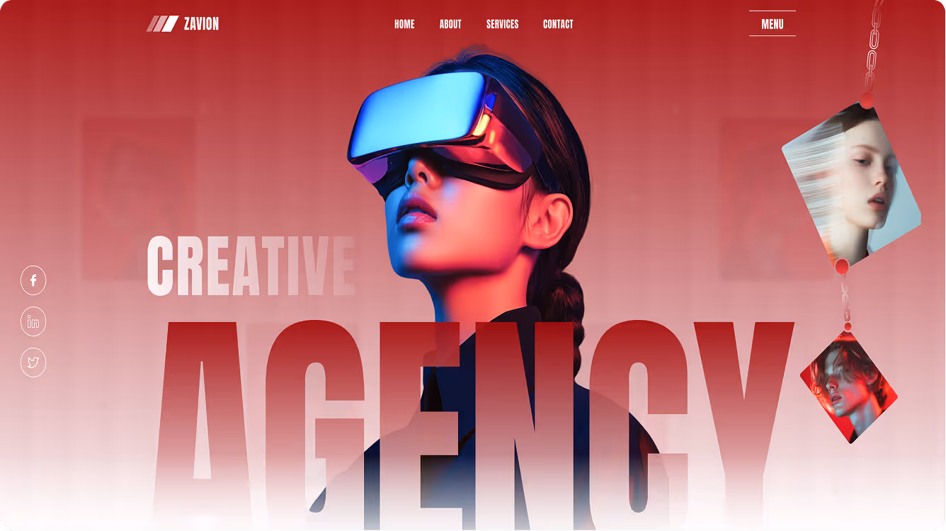 Woman wearing virtual reality headset with red and blue lighting and text 'Creative Agency'.