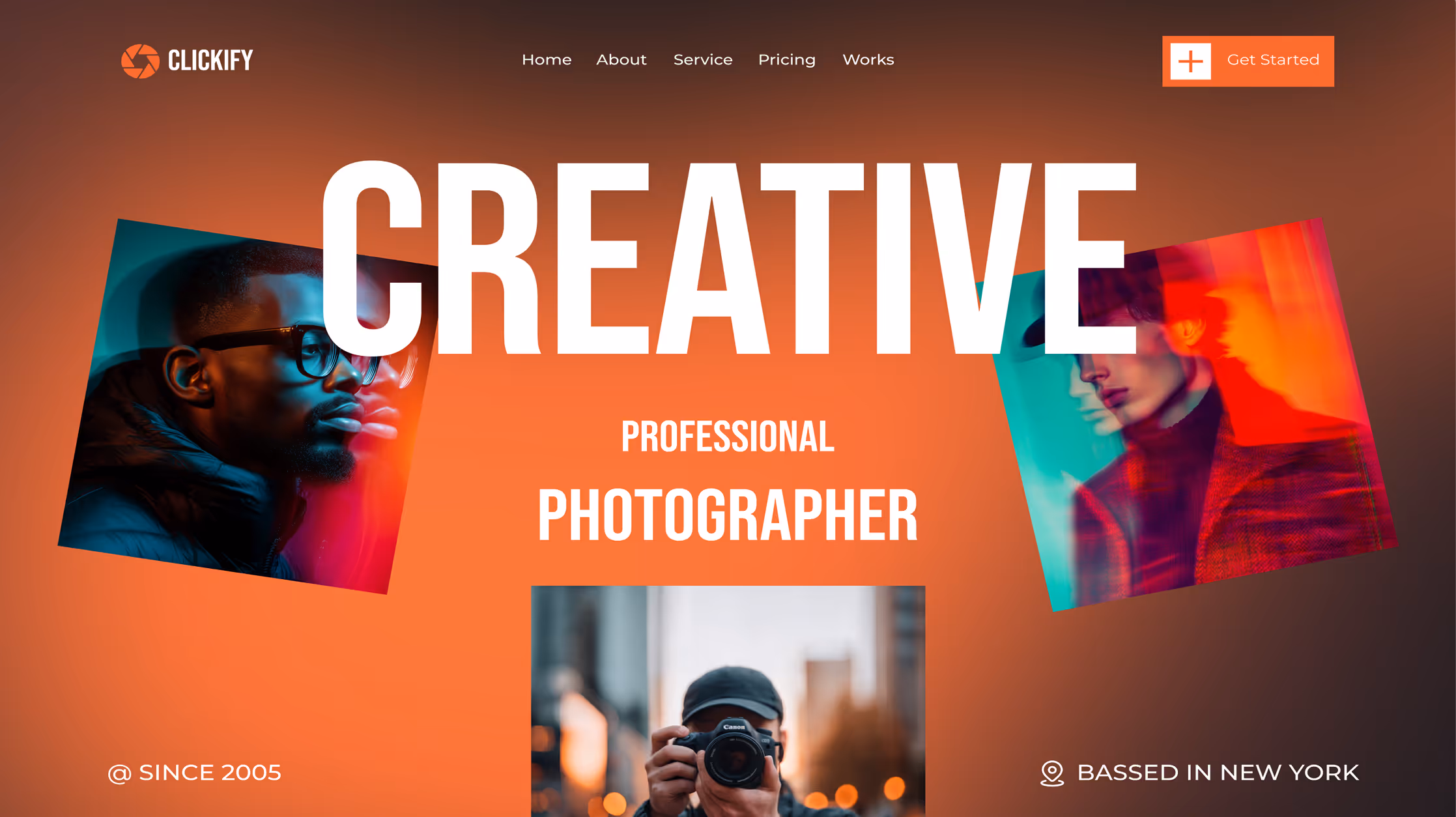 Webpage header for Clickify with creative professional photographer text and artistic portraits on orange background.