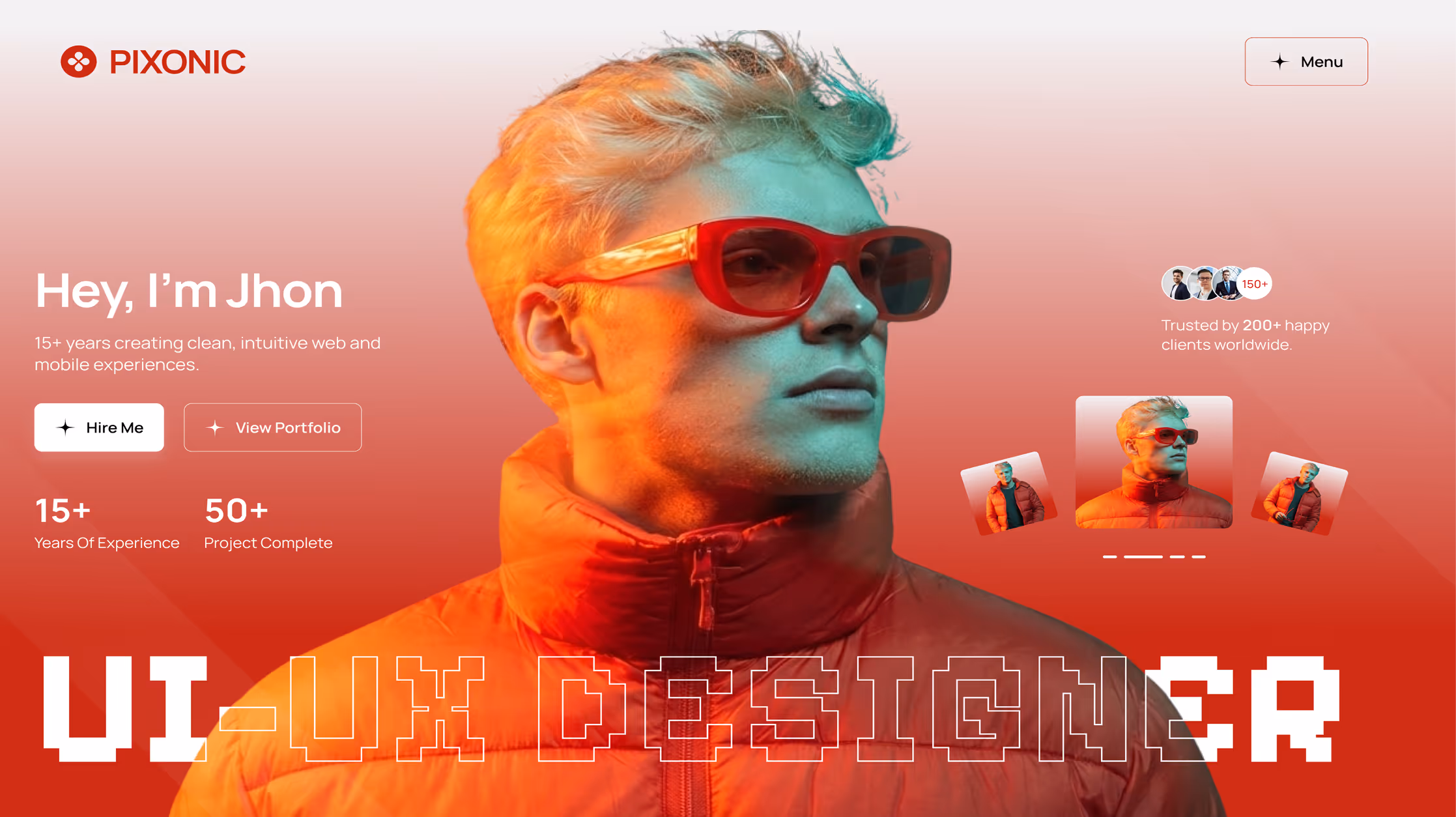Portrait of a man with red sunglasses and jacket, text highlighting UI-UX designer and experience details.