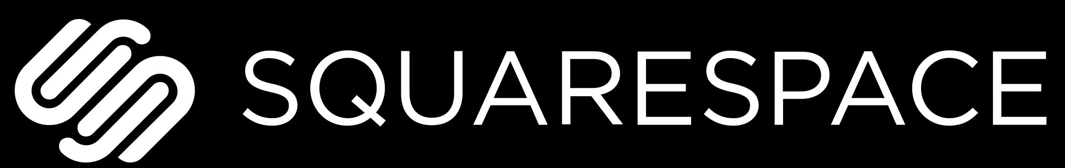 Squarespace logo with abstract intertwined shapes next to the word SQUARESPACE in white on black background.