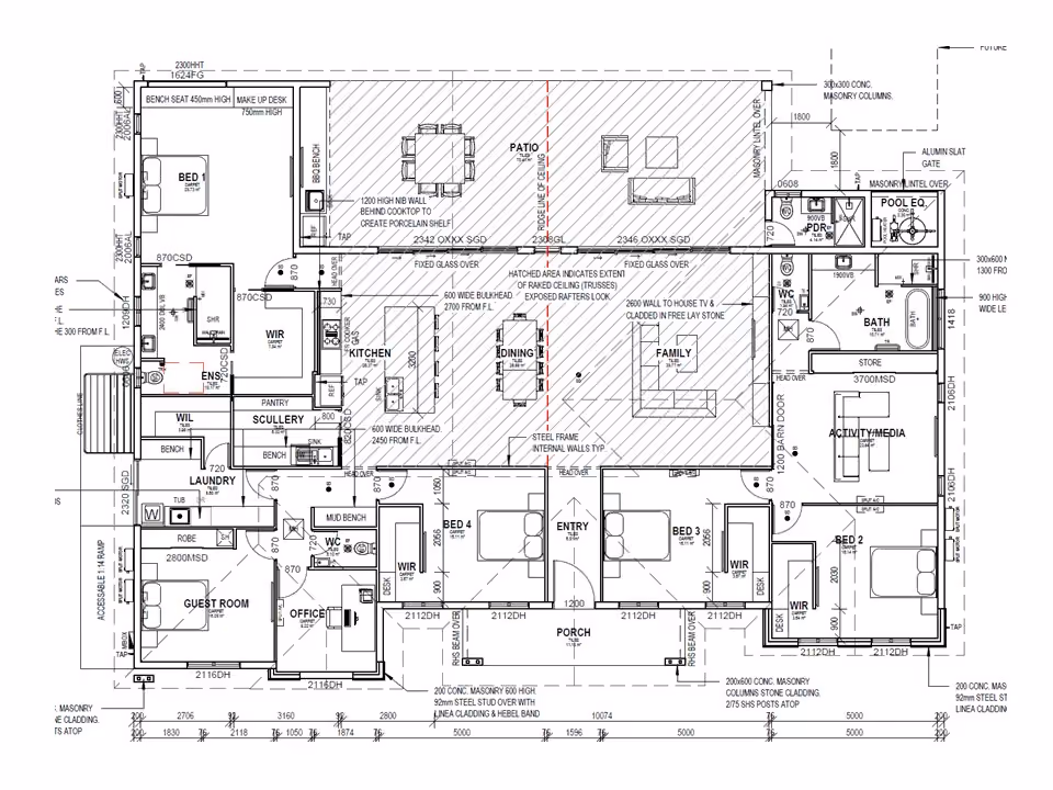 Architectural floor plan of a single-story house showing labeled rooms and measurements.