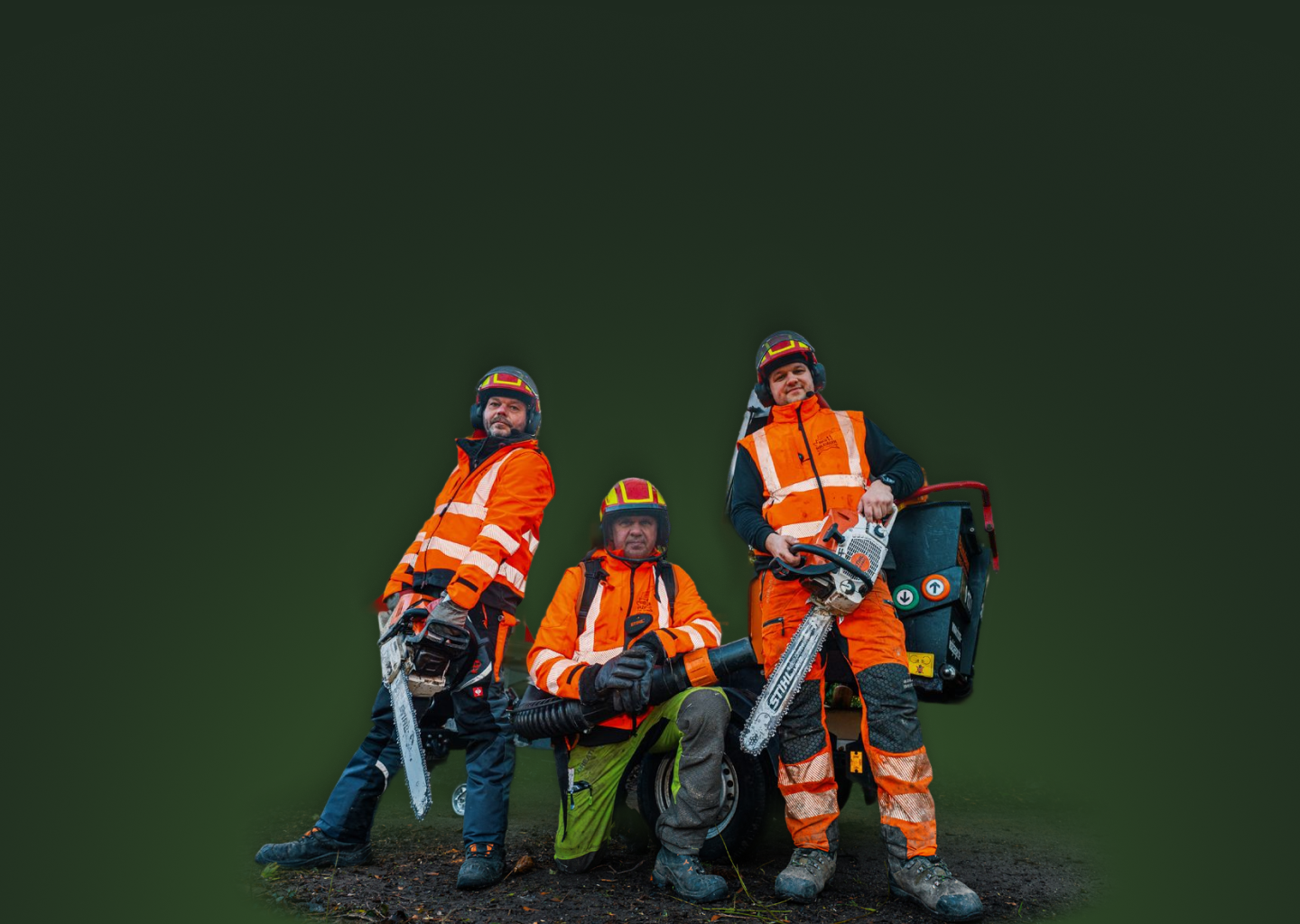 Drei Landschaftsgärtner in orange Arbeitskleidung mit Motorsägen und Laubbläser vor grünem Hintergrund.