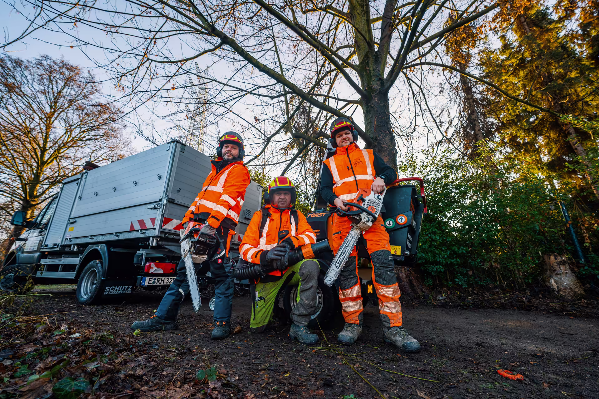 Drei Forstarbeiter in oranger Sicherheitskleidung mit Kettensägen vor einem Lastwagen im Wald.