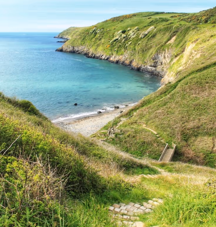 Scenic coastal bay with clear turquoise water, rocky shore, and green grassy hills with a stair pathway leading down to the beach.