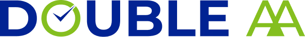 Logo with the word 'DOUBLE' in dark blue, with the letter 'O' stylized as a green circle enclosing a blue checkmark, and a green double A symbol at the end.