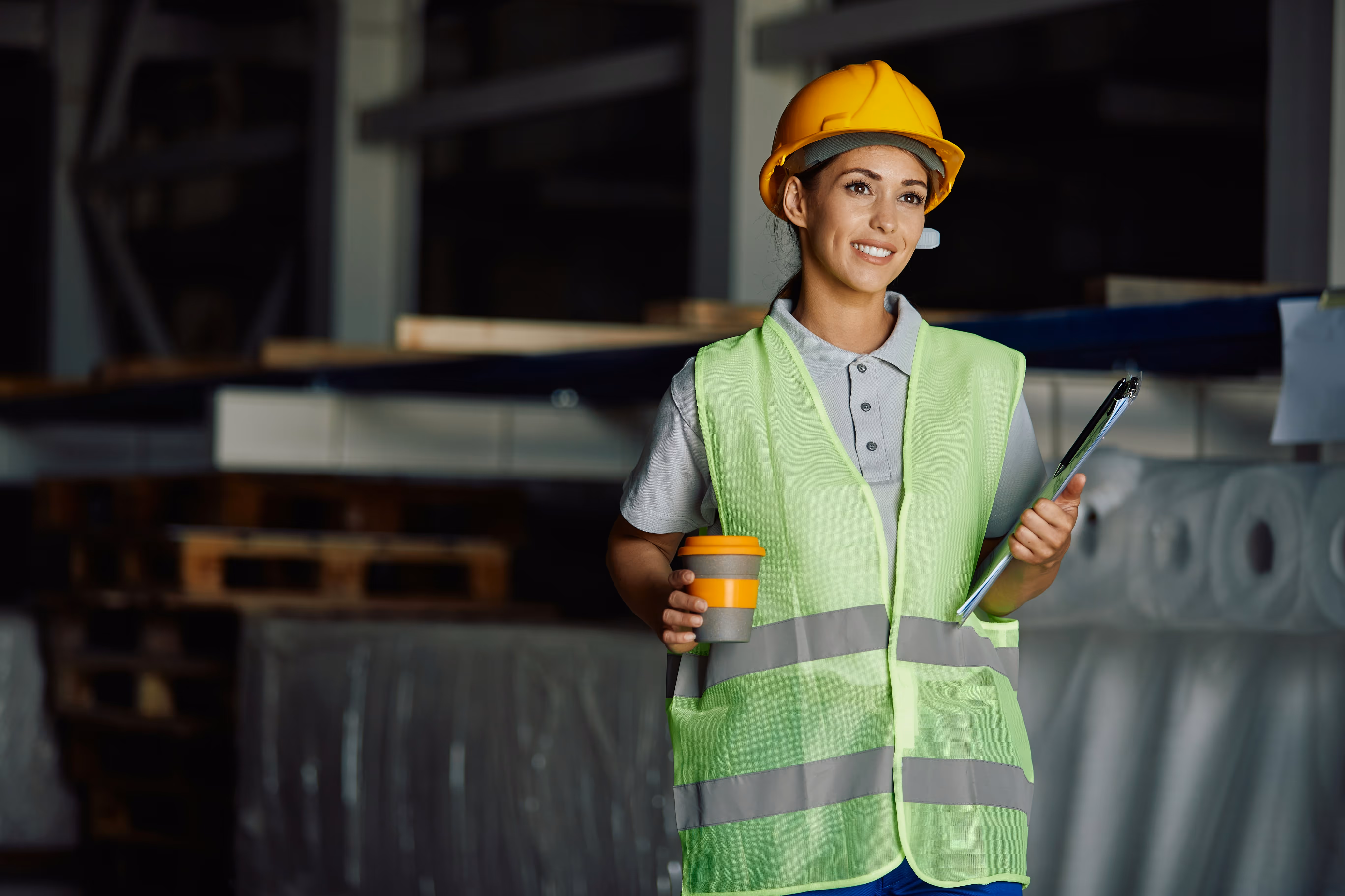 Smiling female construction worker wearing a yellow hard hat and reflective vest, holding a clipboard and a coffee cup in a warehouse.