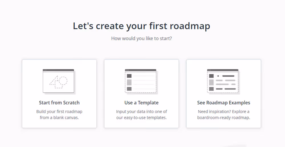 Lets create your first roadmap. How would you like to start. From Scratch, Template, Roadmap examples
