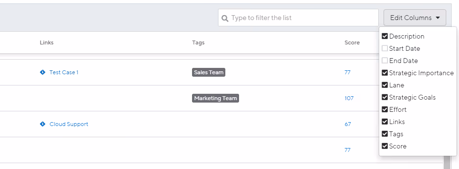 see links and scores in table view