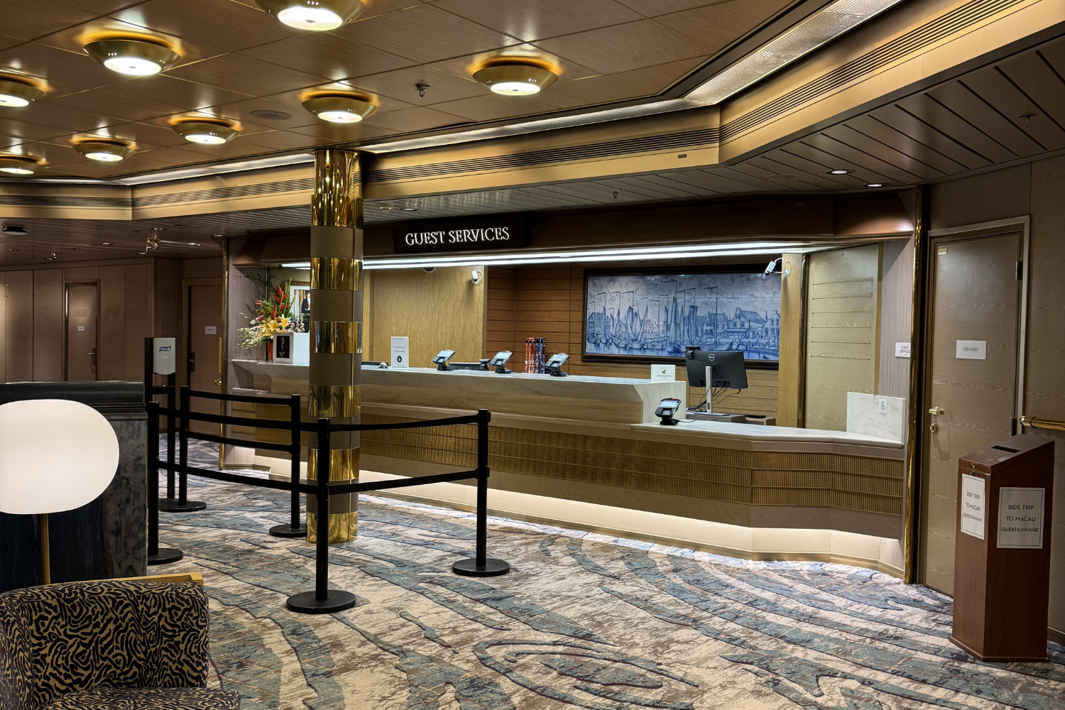 Front desk area aboard MS Volendam cruise ship during first cruise experience