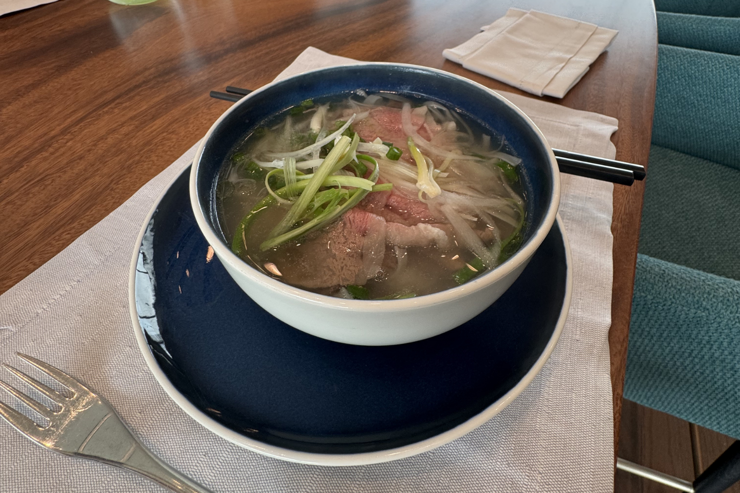 Pho soup served at InterContinental club lounge with Halong Bay view