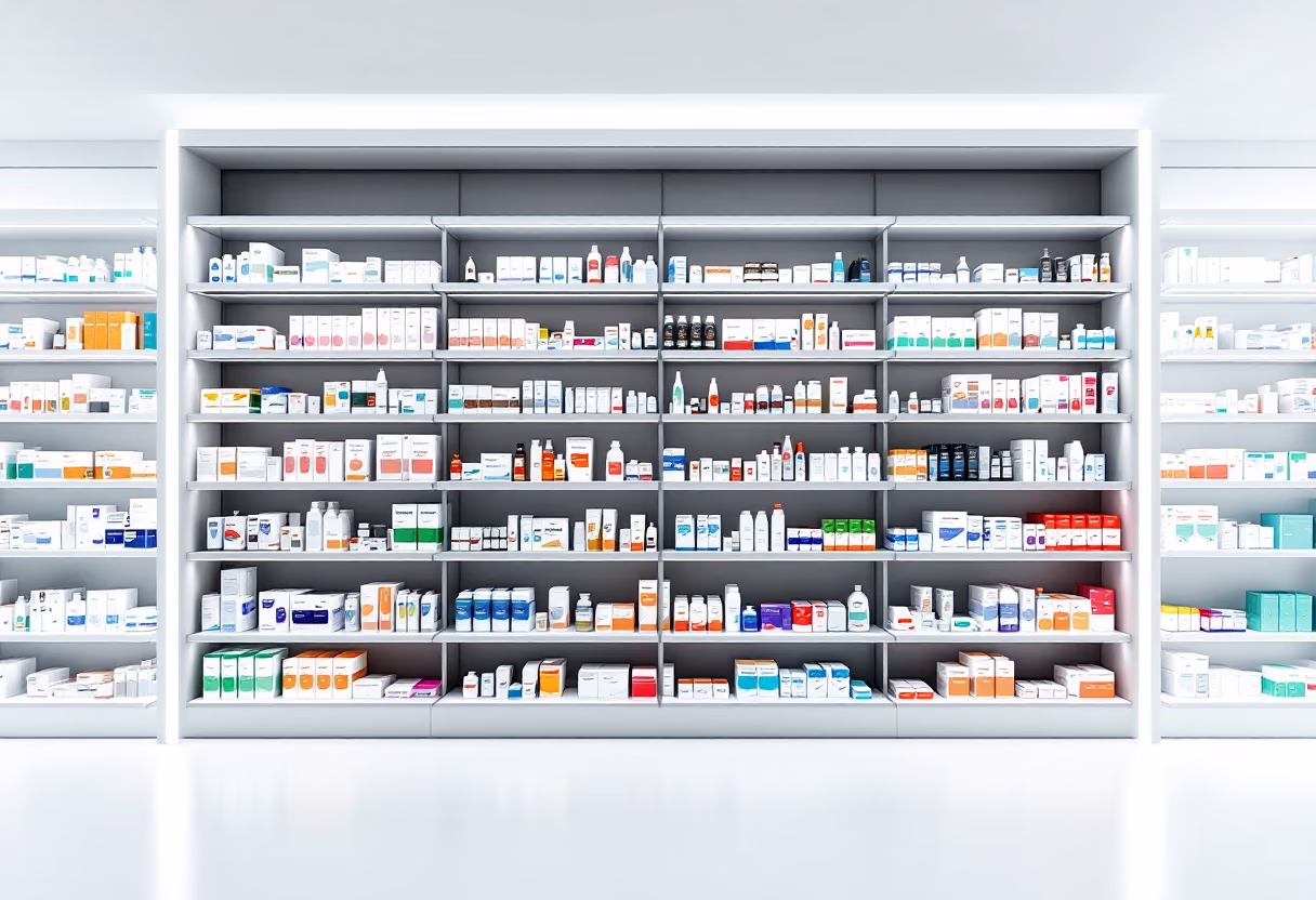 [background image] retail setting with neatly arranged products (for a pharmacy)