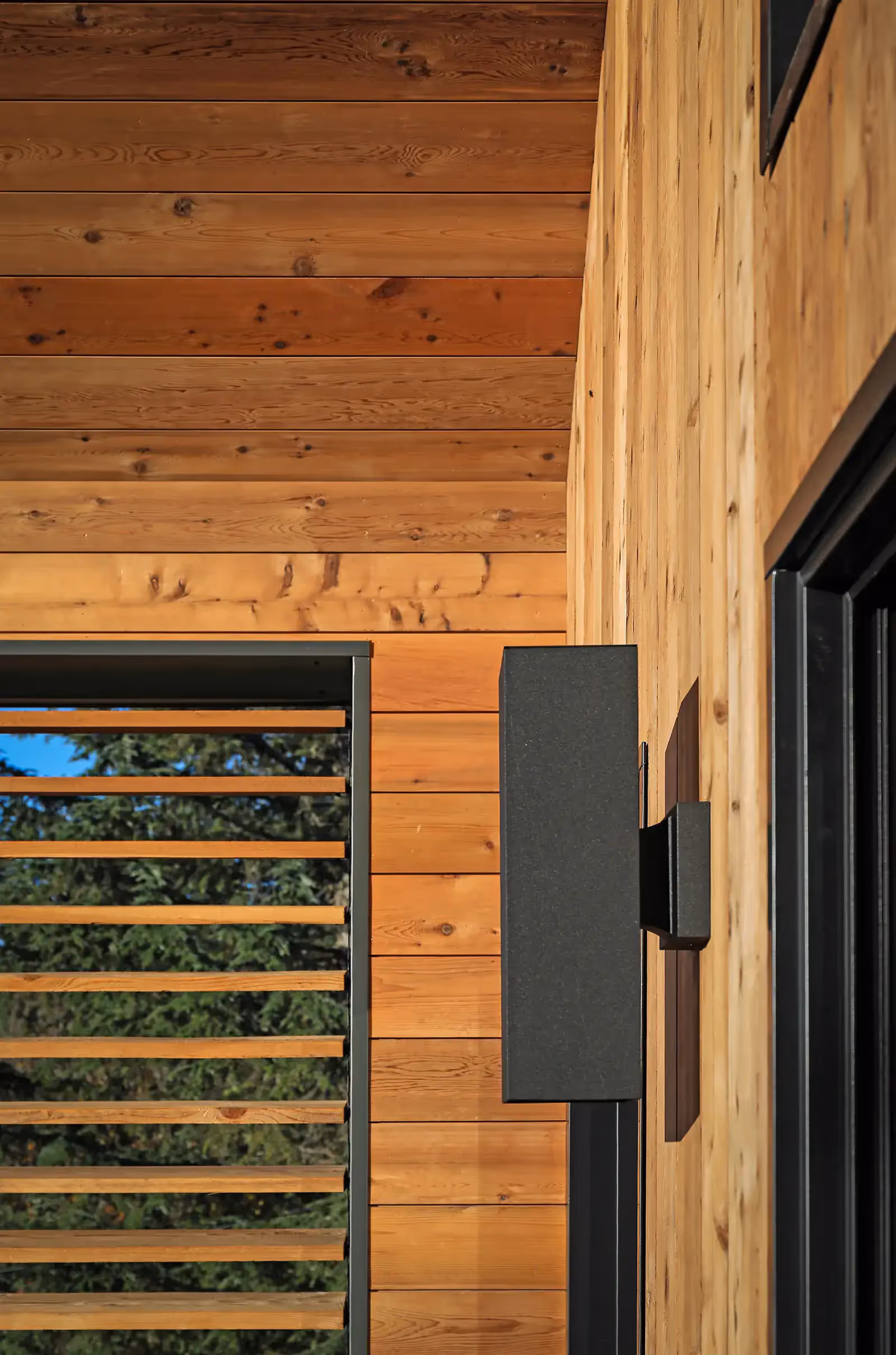 Exterior entry detail of Dark Side home in Cumberland with warm wood soffit and sharp architectural angles